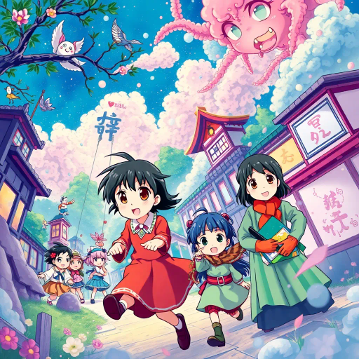 vibrant colors, dynamic action, intricate backgrounds, Studio Ghibli influence, narrative depth, whimsical characters, Japanese culture, expressive faces, fantasy adventure, emotional storytelling, traditional animation, manga aesthetics, lively environment, detailed costumes, cultural motifs, fluid motion, Harajuku fashion, melodic themes, light-hearted humor, ethereal landscapes