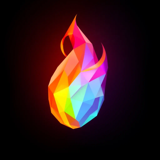 abstract flame, geometric shapes, faceted design, vibrant colors, minimalist composition, glowing embers, polygonal forms, warm hues, dynamic movement, angular lines, modern digital art, ambient lighting, fiery intensity, tessellated patterns, contemporary minimalism, ethereal glow, visual contrast, sleek surfaces, visual harmony
