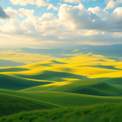 vast Xinjiang grasslands, dramatic rolling hills, lush greenery, expansive skies, Claude Monet, Impressionism, golden sunlight, atmospheric perspective, vivid hues, delicate textures, pastoral landscape, ethereal beauty, serene ambiance, endless horizon, fleeting clouds, harmonious colors, organic forms, enchanting panorama, gentle undulations, tranquil open spaces, rustic charm, idyllic scenery, poetic portrayal