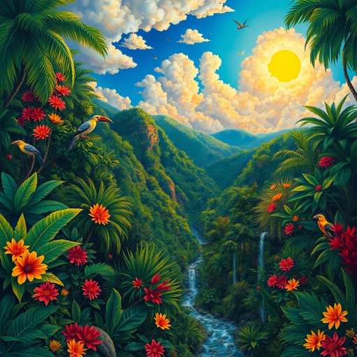 vivid rainforests, carnival atmosphere, vibrant colors, intricate details, lush foliage, rich cultural heritage, magical realism, Brazilian landscape, surreal clouds, tropical wildlife, Henri Rousseau influence, rhythmic movement, radiant sunlight, festive mood, intricate patterns, exotic birds, mythical elements, celebratory spirit, tropical flora, samba rhythm, enchanting scenery