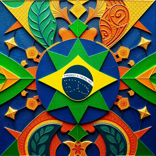 vibrant colors, geometric shapes, cultural symbolism, rich textures, tropical influence, modern interpretation, national pride, intricate patterns, dynamic composition, bright green, vivid gold, deep blue, movement, contemporary style, Brazilian culture, Jorge Amado, playful textures, dimensional layering, abstract representation, optimism and unity