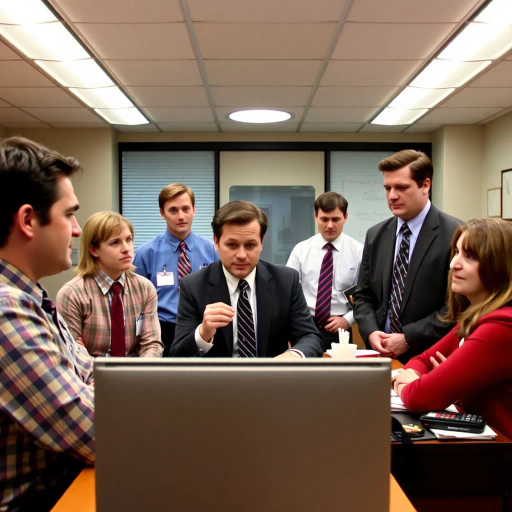 The Office, TV show, satirical humor, vibrant, Steve Carell, ensemble cast, mockumentary style, quirky, everyday life, work environment, subtle irony, character dynamics, Michael Scott, Dunder Mifflin, Scranton, Pennsylvania, documentary filming, 2000s television, comedic timing, deadpan expression, cultural phenomenon, paper company, witty banter, office antics, relatable humor, office supplies, Jim Halpert, Pam Beesly, Dwight Schrute, team dynamics, overhead fluorescent lighting, mundane yet charming, round camera angles, workplace relationships