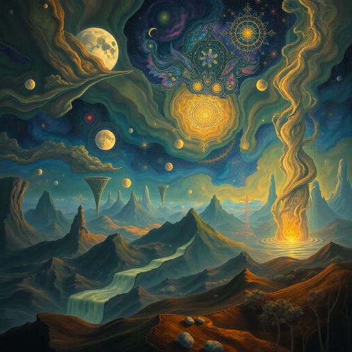 introspective contemplation, surreal landscapes, ethereal lighting, Salvador Dali influence, mystical aura, dreamlike quality, vivid imagination, flowing forms, cosmic scale, meditative mood, intricate patterns, celestial elements, timeless essence, rich textures, harmonious colors, vast space, transcendental symbolism, imaginative introspection, lush detail, visionary dreamscapes, whimsical realms, otherworldly vistas, chimerical beauty, enchanted atmospheres, surrealism, renaissance influence, fantastical narratives, esoteric themes, cosmic wonder, hyper-real detail, vibrant surrealism, mystical voyage, etherial luminescence, dreamlike exploration