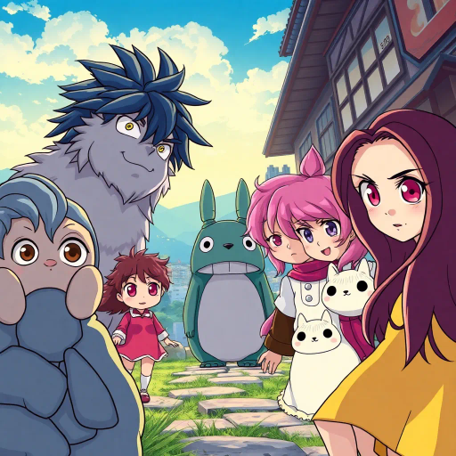 vibrant anime characters, Studio Ghibli influence, dynamic action poses, pastel color palette, expressive eyes, intricate hairstyles, dramatic lighting, manga-inspired linework, fantastical settings, Japanese culture, modern twist, whimsical storytelling, emotional depth, cel shading, bold outlines, serene landscapes, traditional animation techniques, contemporary urban environments