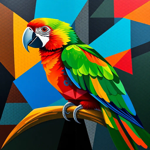 vivid parrot, geometric patterns, vibrant colors, cubism influences, Pablo Picasso, dynamic composition, abstract shapes, bold lines, tropical elements, fragmented forms, symmetry and asymmetry, kinetic motion, bright feathers, environmental textures, modernist twist, lively expression, angular perspectives, intense hues, cultural symbolism, contemporary framing