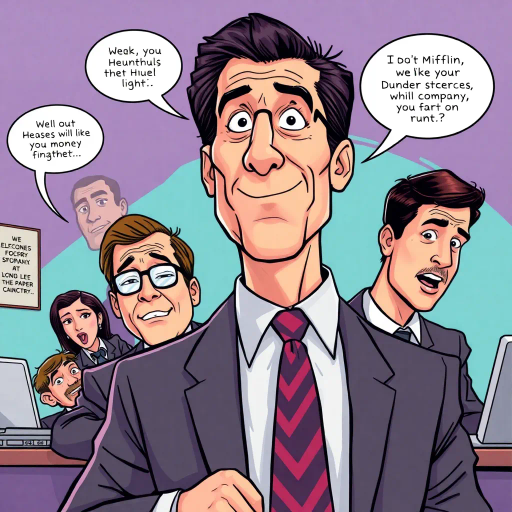 Michael Scott, vibrant colors, humorous expression, dynamic composition, satirical tone, exaggerated features, playful mood, pop art style, witty dialogue, tv sitcom influences, The Office, ensemble cast, mockumentary style, quirky everyday life, character dynamics, cultural phenomenon, Steve Carell, Dunder Mifflin, paper company, office antics, relatable humor, expressive line work, sequential art story, vibrant palette, americana, narrative humor, iconic moments, lighthearted ambiance, dynamic poses, exaggerated personalities, comedic timing, cartoonish exaggeration, character-centric atmosphere, Jim Halpert, Pam Beesly, Dwight Schrute, subtle irony, workplace relationships, humor-driven narratives, pop culture references