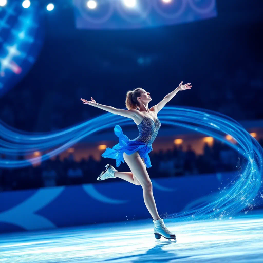 olympic figure skating contestant, dynamic pose, flowing movement, blue contest suit, luminous blue hues, ethereal background, captivated spectators, swirling light trails, elegant athleticism, motion blur effect, ethereal glow, vibrant energy, dramatic lighting, fluid composition, contemporary aesthetic, captivating choreography, vivid colors, emotional intensity, modern interpretation, enchanting atmosphere, artistic representation