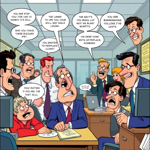 satirical workplace comedy, surreal humor, ensemble cast, bureaucratic chaos, 21st century pop culture, vibrant color palette, exaggerated expressions, dynamic panels, Roy Lichtenstein influences, witty dialogue, mundane office setting, everyday absurdities, overlapping story arcs, exaggerated caricatures, visual puns, contemporary Americana, awkward social interactions, humorous banter, slapstick elements, narrative vignettes, satirical undertones