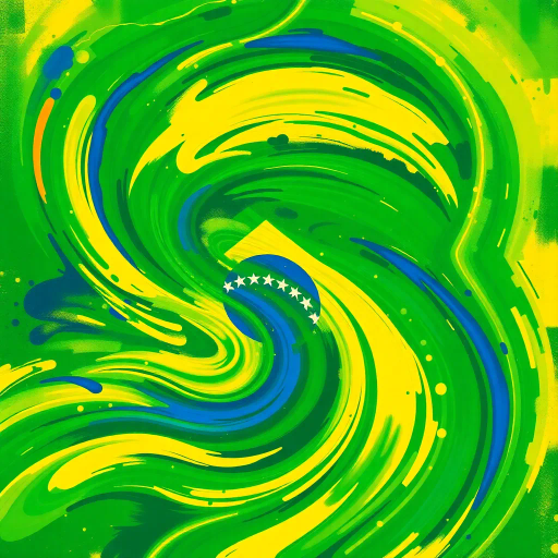 vibrant Brazilian flag, swirling colors, dynamic movement, tropical influences, modern digital techniques, vivid greens, deep yellows, royal blues, abstract expressionism, colorful splashes, textured layering, cultural richness, iconic symbolism, national pride, rhythmic patterns, energetic composition, oval forms, contemporary interpretation, lively atmosphere, digital brushstrokes, experimental canvas, immersive scale, seamless blend, harmony and unity, historical resonance, artistic celebration