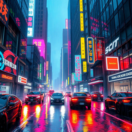 futuristic cityscape, cyberpunk aesthetics, glowing neon lights, dystopian future, vibrant colors, rain-soaked streets, digital rain, sleek architecture, futuristic vehicles, dynamic perspective, cinematic composition, bold geometric shapes, intricate detailing, dramatic lighting, luminous reflections, high-tech textures, urban night scene, vibrant energy, science fiction influences, speculative futurism, tech noir atmosphere, Blade Runner homage, neon color palette, immersive world-building, urban sprawl, bustling metropolis