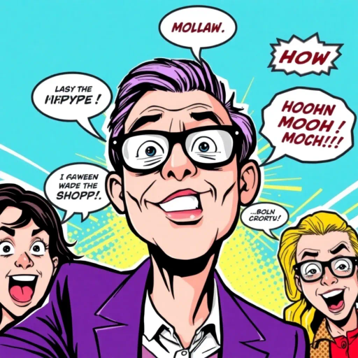 satirical humor, dynamic expression, pop culture references, Roy Lichtenstein style, bold outlines, vibrant colors, exaggerated features, humorous storytelling, speech bubbles, graphic novel style, contemporary irony, playful composition, visual punchline, sequential art, contemporary satire, comic book, pop art, modern wit, visual metaphors, narrative flow, cultural commentary, bright palette, parody, stylized characters, witty dialogue