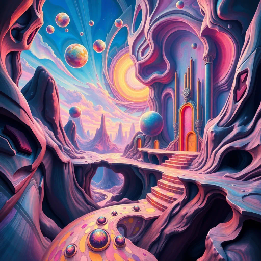 multidimensional space, surreal landscapes, Salvador Dali influences, vibrant contrasts, ethereal glow, complex geometry, immersive depth, fluid motion, abstract forms, modernist architecture, intricate detail, spatial distortion, optical illusions, dynamic perspective, vibrant colors, futuristic visions, sculptural elements, imaginative realms