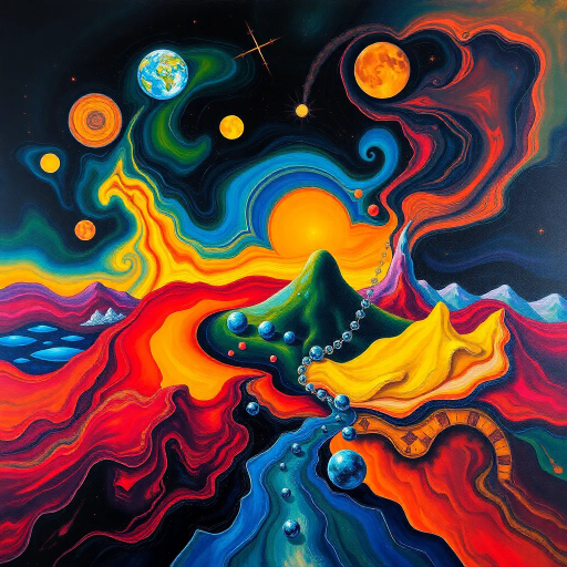 surreal, abstraction, vivid colors, fluid forms, Salvador Dalí, dreamlike, vibrant geometry, emotional depth, ethereal landscapes, chiaroscuro, bold strokes, intricate patterns, illusionistic space, fantasy realms, otherworldly, dynamic composition, modern interpretation, expansive perspective, time warp, cosmic symbolism, luminescent textures, imaginative journey