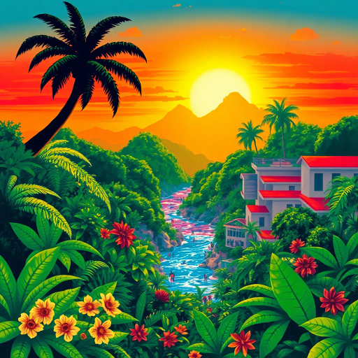 tropical paradise, vibrant rainforest, Rio Carnival, Brazilian culture, Jorge Selarón, Carmen Miranda, exuberant colors, lush vegetation, dynamic samba dancers, vivid patterns, Amazon River, exotic wildlife, modern architecture, indigenous art, celebratory mood, Afro-Brazilian heritage, vibrant street scenes, bold compositions, fluid movement, warmth and energy, sunlit landscapes, urban diversity, festive atmosphere, contemporary influences, chromatic brilliance