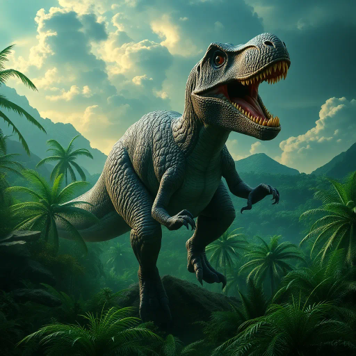prehistoric creatures, majestic dinosaur, lush jungles, vivid emerald greens, dynamic poses, chiaroscuro lighting, mythical era, ethereal glow, intricate scales, surreal landscapes, movement and tension, timeless prehistoric panorama, Jules Verne influence, hyper-realistic textures, primordial ambiance, paleoart inspiration, vibrant life, dramatic skies, storytelling composition, atmospheric depth, earthy tones, grandeur and mysticism, visionary interpretation