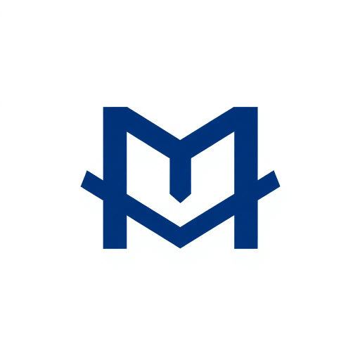 abstract M lettermark, geometric precision, minimal modern logo, bold solid indigo, two thick diagonal lines, converging to sharp V, diverging upward, white background, modern design, Bauhaus influence, clean lines, sharp angles, visual symmetry, optical balance, color contrast, simplicity in form, structural clarity, contemporary aesthetics, graphic composition, dynamic movement, focal point, bold expression, minimalist approach, striking visual impact, harmonious alignment, refined elegance, subtle sophistication, design innovation