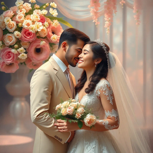 romantic, celebration, ethereal, Monet-inspired, pastel hues, elegant lighting, traditional attire, floral arrangements, joyous mood, delicate textures, impressionist influence, vibrant emotions, grand composition, European cultural influences, timeless elegance, soft brushstrokes, intimate perspective, harmonious scale, serene environment, elaborate detailing, nuptial symbolism, ceremonial beauty