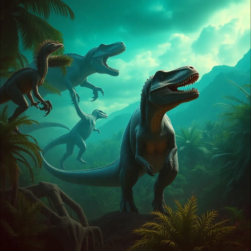 prehistoric creatures, majestic dinosaur, lush jungles, vivid emerald greens, dynamic poses, chiaroscuro lighting, mythical era, ethereal glow, intricate scales, surreal landscapes, movement and tension, timeless prehistoric panorama, Jules Verne influence, hyper-realistic textures, primordial ambiance, paleoart inspiration, vibrant life, dramatic skies, storytelling composition, atmospheric depth, earthy tones, grandeur and mysticism, visionary interpretation, fantastical flora and fauna, immersive adventure, otherworldly vistas, ancient dreamscapes, dramatic narratives, enchanting wilderness