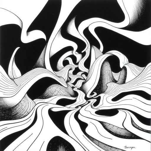 geometric shapes, intricate patterns, flowing lines, minimalist design, abstract expression, monochrome palette, dynamic movement, M.C. Escher influence, precise detailing, linear perspective, conceptual exploration, visual harmony, contour emphasis, spatial depth, surreal geometry, optical illusions, mathematical precision, avant-garde composition, Escherian landscapes, black and white contrast, pen and ink medium, intersecting lines, detailed tessellation, fluid dynamics, rhythmic patterns, artistic paradox, Escheresque illusions, visual enigma, complex symmetry, creative geometry, modern abstraction, infinite loops