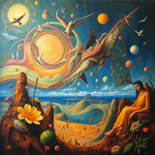 vivid imagination, Salvador Dali, surrealistic, renaissance influences, ambient lighting, dynamic composition, vibrant hues, rich textures, oil painting medium, brushstroke techniques, diverse flora, fauna, ethereal atmosphere, bird's-eye perspective, flowing movement, cultural tapestry, large scale, organic materials, intricate framing, geometric interplay, delicate lines, symbolic representation, expansive space, timeless essence, high level of detail, mythical influences, artistic exploration, visionary presentation