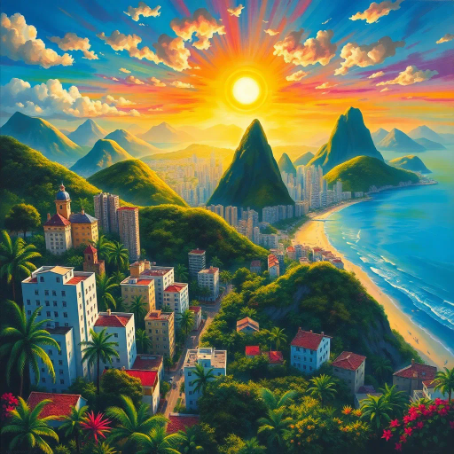 vibrant rainforest, sprawling cityscapes, Rio Carnival celebration, modernist architecture, Tarsila do Amaral, tropical paradise, lush landscapes, Samba rhythm, vivid color palettes, dynamic movement, cultural fusion, vibrant street art, warm sunlight, Copacabana beach, panoramic views, rich biodiversity, Botero-inspired figures, expressive brushstrokes, Amazon River, intricate textures, joyous atmosphere, cultural heritage, Henri Rousseau influence, energetic composition