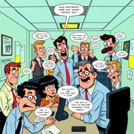 satirical workplace comedy, surreal humor, ensemble cast, bureaucratic chaos, 21st century pop culture, vibrant color palette, exaggerated expressions, dynamic panels, Roy Lichtenstein influences, witty dialogue, mundane office setting, everyday absurdities, overlapping story arcs, exaggerated caricatures, visual puns, contemporary Americana, awkward social interactions, humorous banter, slapstick elements, narrative vignettes, satirical undertones