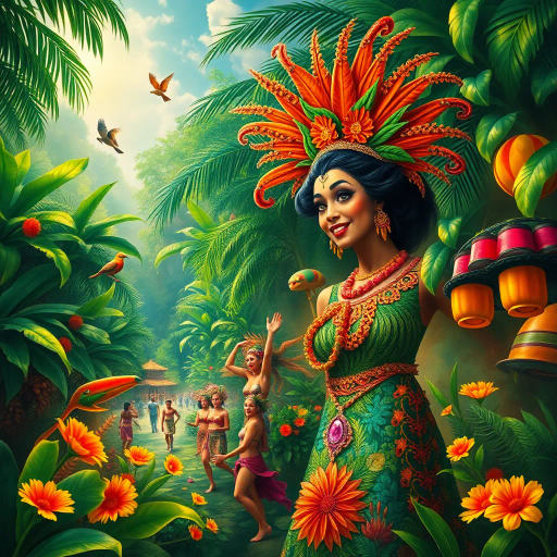 vibrant carnival, amazon jungle, lush greenery, rich cultural tapestry, Carmen Miranda, surrealism, tropical hues, dynamic movement, rhythmic energy, expressive colors, intricate patterns, lively street scenes, samba dancers, exotic wildlife, atmospheric perspective, detailed textures, magical realism, cultural diversity, spirited festivities, radiant sunlight, complex compositions, whimsical elements, bold palettes, mystical atmosphere, fantastical landscapes, tropical flora and fauna