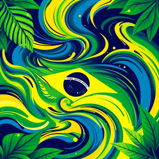 vibrant colors, swirling movement, tropical allure, Brazilian flag, geometric precision, cultural celebration, Carnival inspiration, abstract shapes, bold contrast, energetic flow, Rio de Janeiro, lush greens, radiant yellows, deep blues, chromatic harmony, festive spirit, national pride, rhythmic patterns, dynamic composition, joyful exuberance, modern interpretation