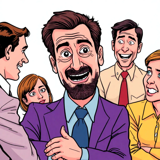 Michael Scott, vibrant colors, humorous expression, dynamic composition, satirical tone, exaggerated features, playful mood, pop art style, witty dialogue, tv sitcom influences, The Office, ensemble cast, mockumentary style, quirky everyday life, character dynamics, cultural phenomenon, Steve Carell, Dunder Mifflin, paper company, office antics, relatable humor, expressive line work, sequential art story, vibrant palette, americana, interaction, narrative humor, iconic moments, lighthearted ambiance, dynamic poses, Jim Halpert, Pam Beesly, Dwight Schrute, vibrant personalities, comedic timing, sketch-like outlines, cartoonish exaggeration, character-centric atmosphere