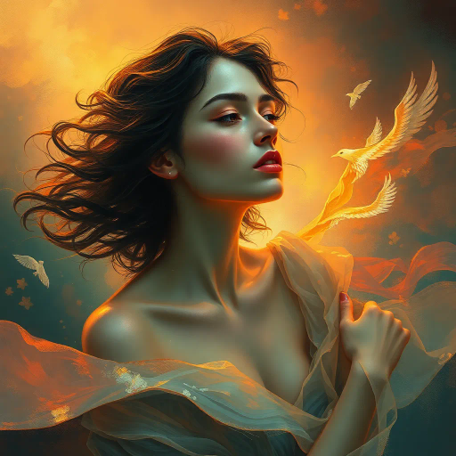 ethereal woman, renaissance lighting, dramatic contrasts, vibrant hues, delicate textures, impressionist influences, emotionally evocative, modern twist, surrealism undertones, dynamic composition, fluid movement, Baroque era inspiration, intricate details, fantastical elements, cultural richness, harmonious balance, mythical aura, expressive gesture, lively ambiance, magical realism, soft brushstrokes, timeless beauty, digital-art, Claude Monet, Sandro Botticelli, ethereal glow, chiaroscuro, dreamlike atmosphere, enchanting presence, painterly strokes, vivid storytelling, artistic harmony