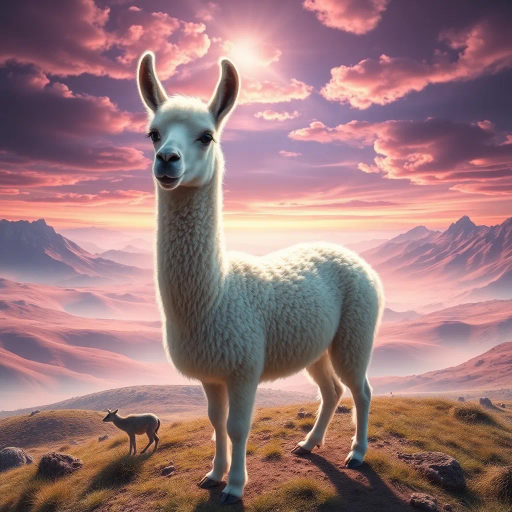 majestic llama, surreal landscape, dramatic lighting, detailed fur texture, enchanting colors, Salvador Dali influences, ethereal glow, mystical presence, vibrant pastels, intricate wool patterns, luminous aura, dreamlike setting, sweeping panoramic view, whimsical essence, mythical creatures, otherworldly terrain, soft and diffuse shadows, playful innocence, elegant posture, transcendent beauty, imaginative environment