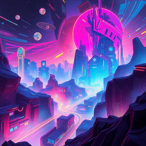 vibrant colors, digital painting, futurism, Mike Winkelmann inspiration, surreal landscapes, dynamic movement, ethereal atmosphere, neon lighting, abstract shapes, high detail, immersive worlds, imaginative realms, otherworldly elements, dreamlike composition, visual storytelling, intricate patterns, bold contrasts, cutting-edge techniques, contemporary vision, expansive vistas, futuristic cityscapes