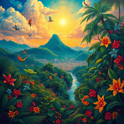 vivid rainforests, carnival atmosphere, vibrant colors, intricate details, lush foliage, rich cultural heritage, magical realism, Brazilian landscape, surreal clouds, tropical wildlife, Henri Rousseau influence, rhythmic movement, radiant sunlight, festive mood, intricate patterns, exotic birds, mythical elements, celebratory spirit, tropical flora, samba rhythm, enchanting scenery, sprawling cityscapes, Rio Carnival celebration, modernist architecture, Tarsila do Amaral, lush landscapes, dynamic movement, cultural fusion, vibrant street art, Copacabana beach, panoramic views, rich biodiversity, Botero-inspired figures, expressive brushstrokes, Amazon River, intricate textures, joyous atmosphere, cultural heritage, energetic composition, Jorge Selarón, Carmen Miranda, exuberant colors, dynamic samba dancers, vivid patterns, indigenous art, celebratory mood, Afro-Brazilian heritage, vibrant street scenes, bold compositions, fluid movement, warmth and energy, sunlit landscapes, urban diversity, festive atmosphere, contemporary influences, chromatic brilliance, amazon jungle, lush greenery, rich cultural tapestry, surrealism, tropical hues, rhythmic energy, lively street scenes, atmospheric perspective, detailed textures, cultural diversity, spirited festivities, complex compositions, whimsical elements, bold palettes, mystical atmosphere, fantastical landscapes, tropical flora and fauna