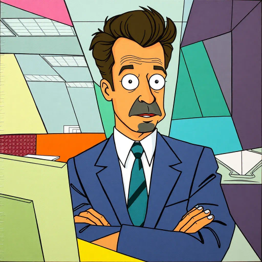 Michael Scott, geometric, cubist influence, abstract expressionism, vibrant color palette, office space, surreal composition, modern corporate satire, intricate line patterns, fragmented forms, Dunder Mifflin, pop art, humor, whimsical tone, mixed media, overlapping shapes, exaggerated proportions, dynamic angles, bold contours, cultural commentary, contemporary setting, pastel highlights, texture variation, visual rhythm, abstract storytelling, conceptual depth, dimensional interplay