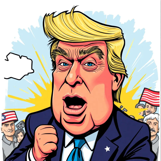 satirical caricature, exaggerated features, Donald Trump, political commentary, vibrant colors, bold outlines, humorous tone, pop art influences, 21st century, dynamic composition, playful spirit, American politics, social critique, cartoonish style, graphic novel textures, contemporary culture, energy and movement, context of media, exaggerated expressions, vivid contrast, subversive messaging