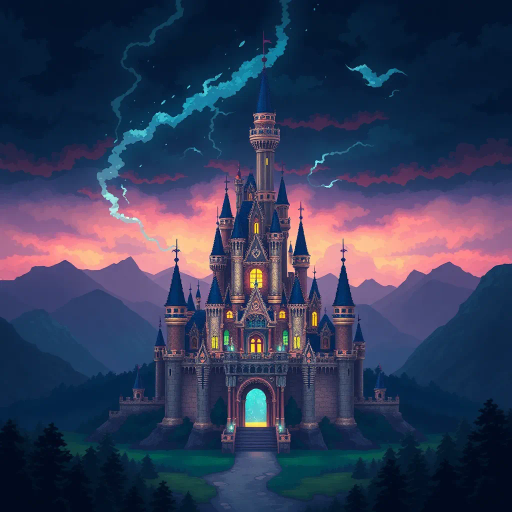 majestic castle, stormy sky, pixelated textures, vibrant hues, intricate block design, Markus Persson influence, 8-bit aesthetic, dramatic lighting, medieval theme, adventure fantasy, volumetric illumination, dynamic weather effects, minimalist structure, atmospheric mood, symmetrical composition, lush landscape, epic scale, striking contrast, imaginative architecture, enchanting scenery