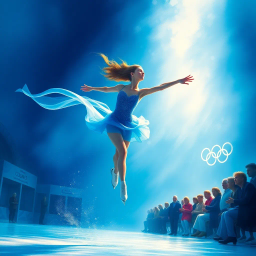 olympic figure skating, serene elegance, dynamic motion, ethereal presence, blue contest suit, luminous azure background, captivated spectators, light swirls, fluid movement, chiaroscuro highlights, Claude Monet, Art Nouveau curves, expressive brush strokes, icy reflections, vibrant energy, elegant poise, atmospheric depth, contemporary interpretation, vivid blues, kinetic artistry, skillful composition, evocative mood, underlit radiance, graceful symmetry, visual harmony, luminescent ambiance, layered textures, emotive storytelling, immersive experience