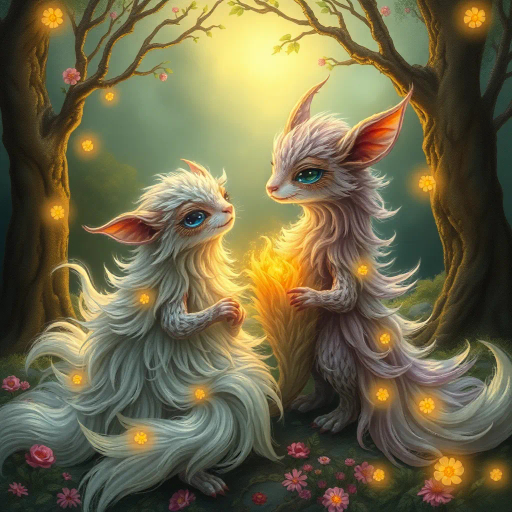 whimsical creature companions, ethereal landscapes, intricate fur textures, dreamlike ambiance, medieval tapestry influences, vibrant color palette with soft pastels, dynamic flowing lines, enchanted forest setting, glowing fauna, magical realism, soft morning light, depth and movement, expression of joy and companionship, elaborate details, otherworldly realm, mythical storytelling, playful yet serene atmosphere, cross-cultural folklore, harmonious balance, imaginative wonder