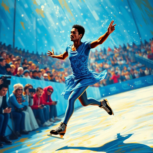 Olympic, figure skating, contestant, dynamic motion, dressed in shimmering blue, contest suit, ethereal glow, luminous blue background, captivated spectators, Jean-Michel Basquiat, vivid expressionism, contemporary surrealism, dramatic lighting, flowing lines, elegance and grace, frozen moment, modern athleticism, artistic fluidity, kinetic energy, expressive movement, emotional resonance, abstract composition, vibrant hues, cultural celebration, grand scale performance, intricate detail, atmospheric ambiance