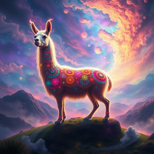 mystical llama, ethereal landscape, vibrant colors, surreal lighting, intricate patterns, dreamlike atmosphere, fantasy setting, imaginative realm, grandiose scale, flowing textures, dynamic movement, mythical creature, South American folklore, enchanted aura, luminescent glow, magical realism, whimsical scenery, fantastical composition, enchanting silhouette, mysterious depths, visual storytelling, Andres Amador influences, vibrant hues, vivid imagination