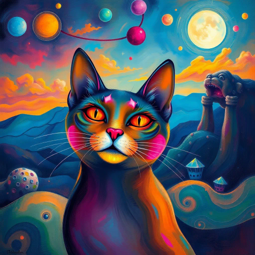 whimsical feline, surrealism, Salvador Dalí, ethereal glow, vibrant spectrum, mystical ambiance, fluid lines, abstract expressionism, dream-like landscape, observers perspective, enigmatic smile, fantasy realism, Claude Monet influence, divine elegance, intricate patterns, soft brushstrokes, artistic allure, ethereal sky, celestial elements, metaphysical journey, depth and shadow, layered textures, transcendental experience, visual poetry, harmonious balance, artistic whimsy