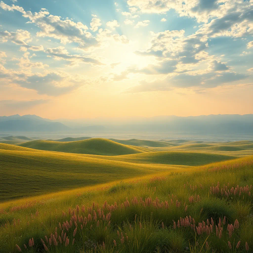 Xinjiang grasslands, vast landscapes, dreamlike horizon, ethereal lighting, vivid hues, traditional motifs, rolling hills, open skies, tranquil atmosphere, dynamic perspective, ancient civilization influences, naturalistic textures, harmonious balance, cultural diversity, vibrant flora, expansive scale, poetic ambiance, mystical aura, intricate details, artistic depth, emotional resonance, sweeping vistas, painterly brushstrokes, spiritual connection, timeless beauty