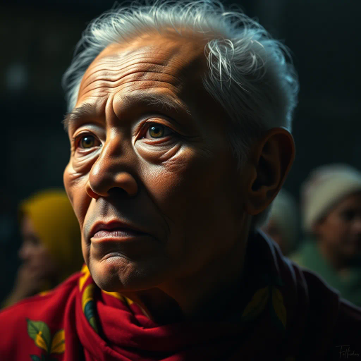 hyper-realism, detailed portraiture, chiaroscuro lighting, vibrant colors, soft textures, visual storytelling, emotional depth, mid-century modern influences, dramatic composition, high contrast, intricate details, lifelike representation, evocative mood, depth of field, natural perspective, capturing movement, cultural richness, grand scale, vibrant framing, abstract geometric shapes, fine line quality, symbolic elements, expansive space, timeless setting, meticulous detail, classical artistry, intent of realism, rich presentation