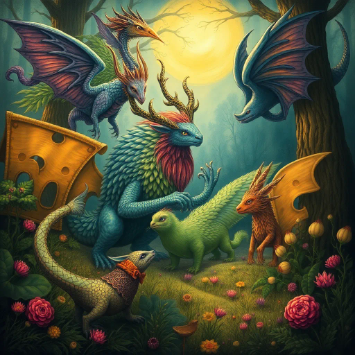 mythical creatures, whimsical, vibrant colors, pastoral setting, dynamic composition, enchanted forest, detailed textures, surrealism, emotional resonance, soft lighting, Celtic influences, harmonious balance, imaginative storytelling, dreamlike atmosphere, intricate patterns, romanticism, ethereal glow, magical realism