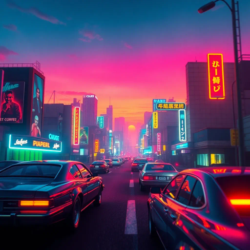 retrowave, neon glow, synthwave, 1980s nostalgia, vibrant hues, retro aesthetics, cyberpunk influence, Miami Vice colors, gradient skies, glowing grids, vaporwave vibes, futurism, digital landscape, pulsating lights, surreal cityscapes, cinematic framing, synth music inspiration, futuristic cars, nightscape, neon signs, chrome textures, dynamic perspective, electrifying ambiance, futuristic cityscape, cyberpunk vibes, vibrant neon colors, electric hues, bold geometric shapes, urban landscape, high contrast visuals, retro-futurism, dynamic movement, dusk lighting, vivid reflections, intricate detailing, digital rendering, surreal atmosphere, abstract patterns, sci-fi elements, immersive universe, nostalgic mood, visual rhythm, avant-garde expression, cultural nostalgia