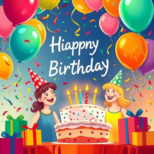 vibrant colors, celebration, balloons, confetti, party hats, cake, candles, presents, joy, happiness, friends, family, birthday wishes, surprise, festive mood, playful typography, whimsical, childlike illustrations, Norman Rockwell, mid-century modern, dynamic lighting, kaleidoscope patterns, Henri Matisse influences, cheerful expressions, kinetic energy, decorative motifs, narrative storytelling, animation style, abstract forms, vivid palette, depth and perspective, immersive composition, exuberant atmosphere