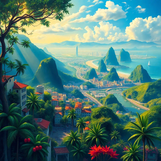 vibrant rainforest, sprawling cityscapes, Rio Carnival celebration, modernist architecture, Tarsila do Amaral, tropical paradise, lush landscapes, Samba rhythm, vivid color palettes, dynamic movement, cultural fusion, vibrant street art, warm sunlight, Copacabana beach, panoramic views, rich biodiversity, Botero-inspired figures, expressive brushstrokes, Amazon River, intricate textures, joyous atmosphere, cultural heritage, Henri Rousseau influence, energetic composition