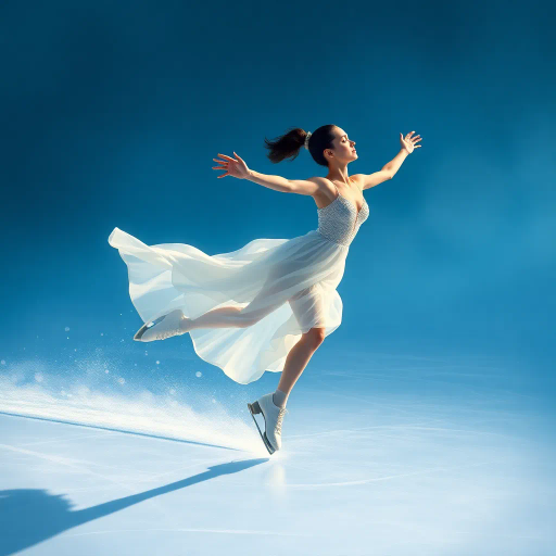 graceful figure skater, gliding across icy surface, winter chill, olympic spirit, dynamic movement, serene concentration, elegant pose, flowing ice, misty breath, ethereal lighting, dramatic shadows, crystalline textures, contemporary style, precision artistry, inspired by Degas and Mucha, soft blue and white palette, delicate balance, rhythmic motion, emotional resonance, global unity, panoramic perspective, intricately detailed, harmonious composition, captivating grace, spirit of competition