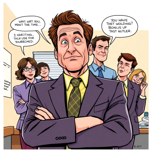 Michael Scott, vibrant colors, humorous expression, dynamic composition, satirical tone, exaggerated features, playful mood, pop art style, witty dialogue, TV sitcom influences, The Office, ensemble cast, mockumentary style, quirky everyday life, character dynamics, cultural phenomenon, Steve Carell, Dunder Mifflin, paper company, office antics, relatable humor, expressive line work, sequential art story, vibrant palette, Americana, interaction, narrative humor, iconic moments, lighthearted ambiance, dynamic poses, Jim Halpert, Pam Beesly, Dwight Schrute, vibrant personalities, comedic timing, sketch-like outlines, cartoonish exaggeration, character-centric atmosphere, pop culture references, television influence, humorous narratives, comedic icons, office humor, 2000s nostalgia