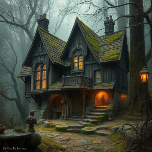 ancient dwelling, mystical aura, rustic charm, enchanted forest, nostalgic memories, weathered textures, warm earth tones, timeless elegance, Victorian era, atmospheric lighting, whimsical architecture, ethereal ambience, moss-covered stones, vintage elements, evocative storytelling, dreamlike essence, surreal landscape, mythical creatures, Arthur Rackham influence, romantic nostalgia, enchanted realism, serene tranquility, enchanted glade, intricate details, storybook charm